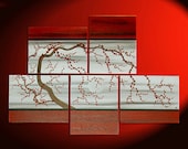 Original Plum Blossom Painting HUGE Custom Gnarly Tree Art Asian Style Modern Abstract Red and Gray Textured Large Five Canvases 56x40