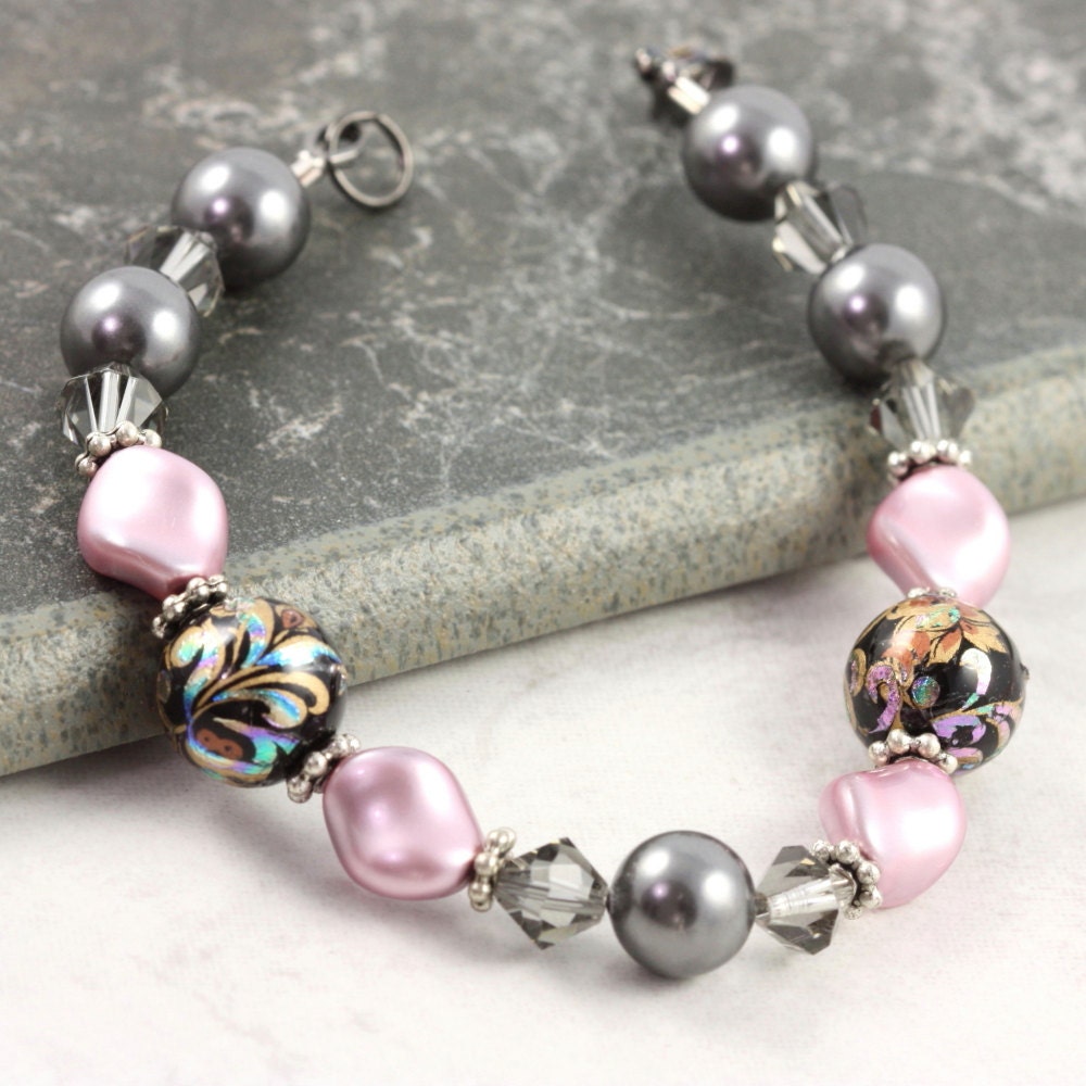 Pink Pearl Bracelet Smoke Gray Pearl Crystal Black Floral Tensha Beads Mauve Bridal Jewelry