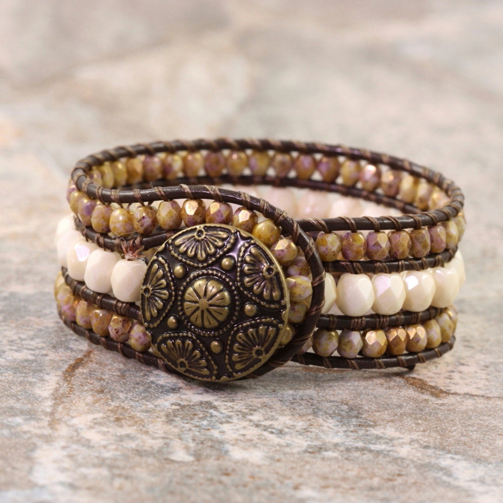 Brown Leather Cuff Bracelet Bohemian Fashion Western Style Wrap Cream Bronze Boho Jewelry Made To Order Custom Bracelet Hippie Jewelry