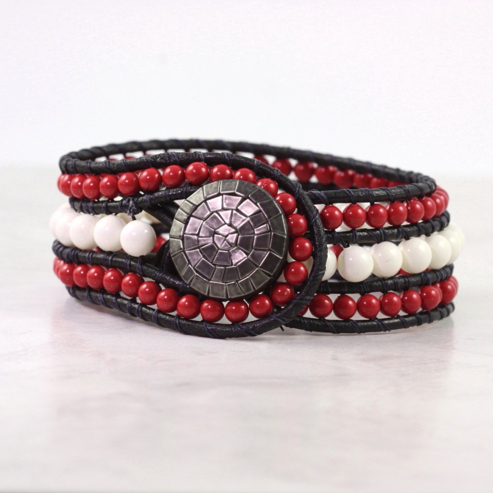 Black Leather Cuff Bracelet Bohemian Style Wrap Bracelet Red Coral Ivory White Western Boho Jewelry Made To Order Custom Hippie Fashion