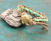 Brown Suede Leather Wrap Bracelet Tan Green Bohemian Style Single Wrap Boho Hippie Beach Jewelry Fish Button Clasp