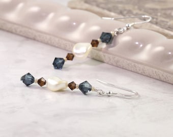 Pearl Earrings Cream Topaz Blue Sterling Silver Earth Tones