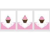 Pink and Brown Cupcake Art Prints, baby girl nursery decor, set of 3, 8 x 10 art prints