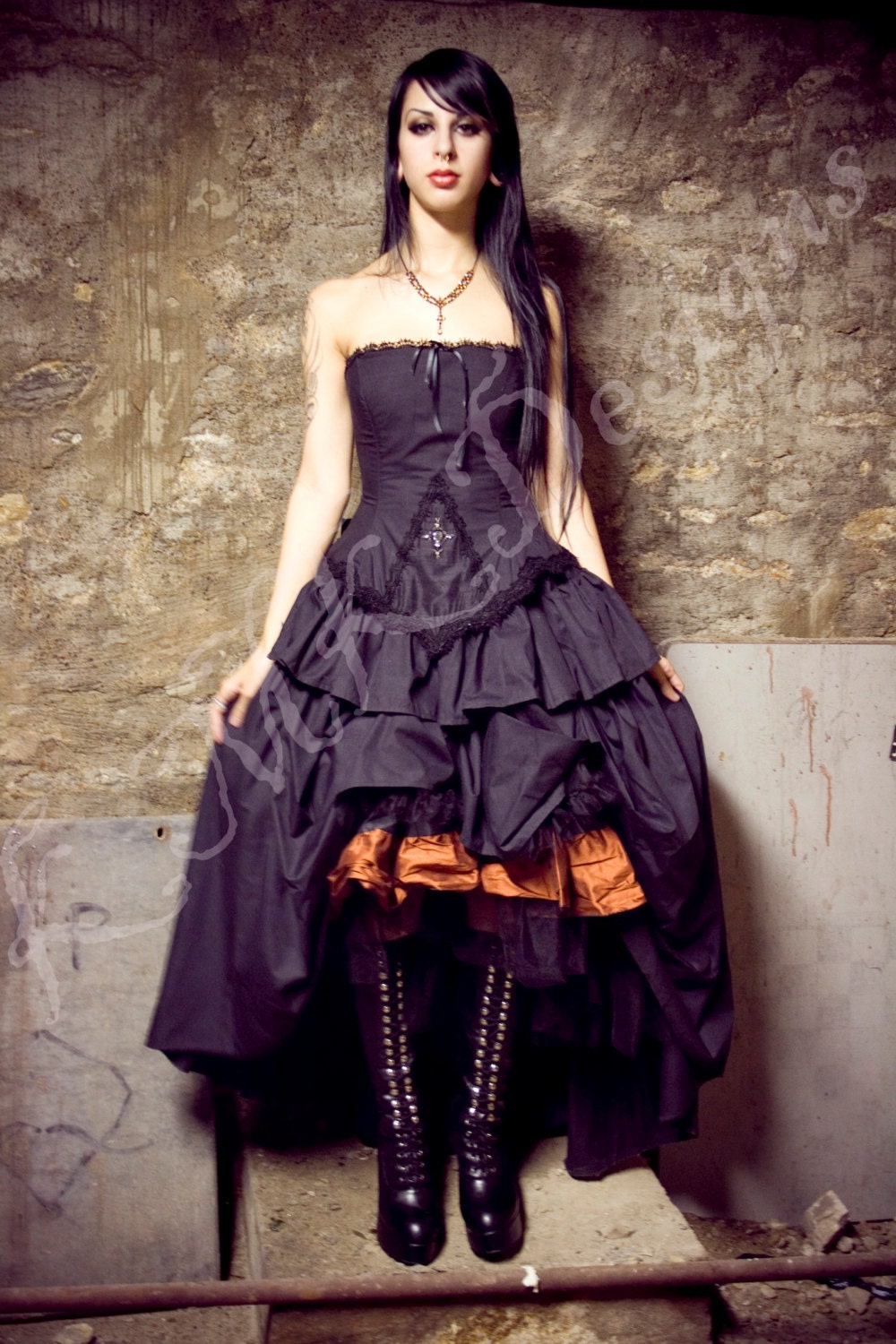 Steampunk Wedding Dress Gothic Lolita Inspired Vampire in Black Cotton- Custom to Order