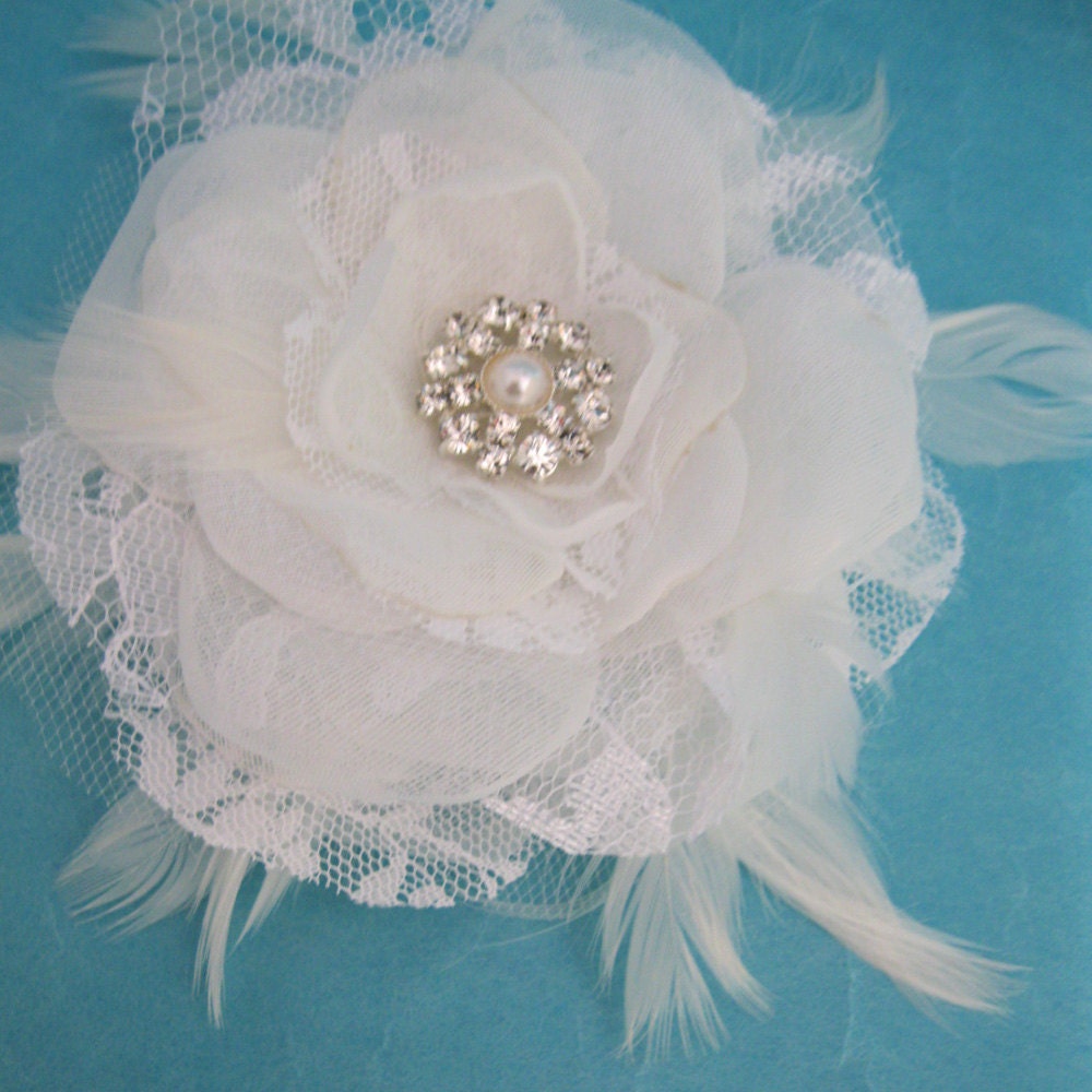 Bridal Hair rose, Diamond White Lace, Organza Feather Rose Hair Clip E212 - bridal wedding hair accessory
