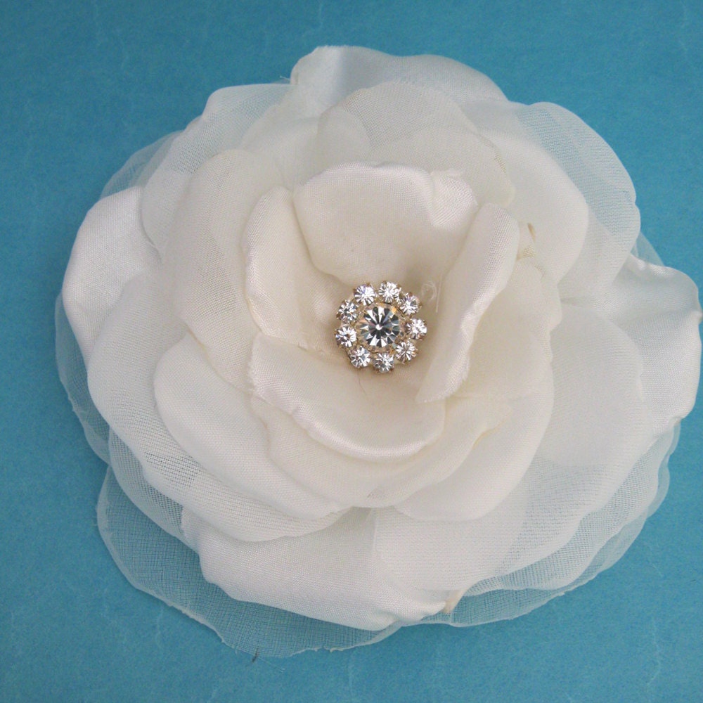 4 inch Ivory Satin and Organza Rose Hair Clip E306- bridal hair clip accessory