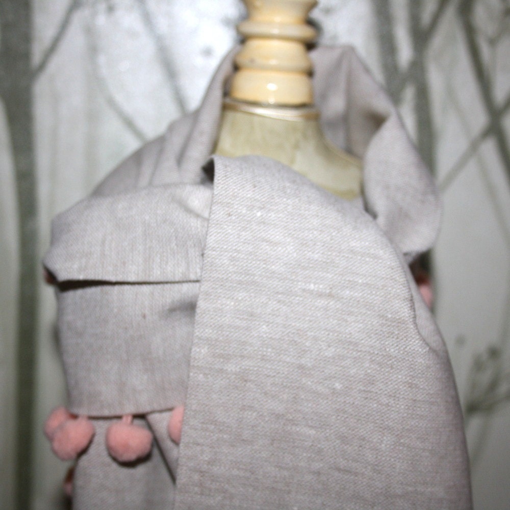 Natural linen scarf with soft peach pom pom trim