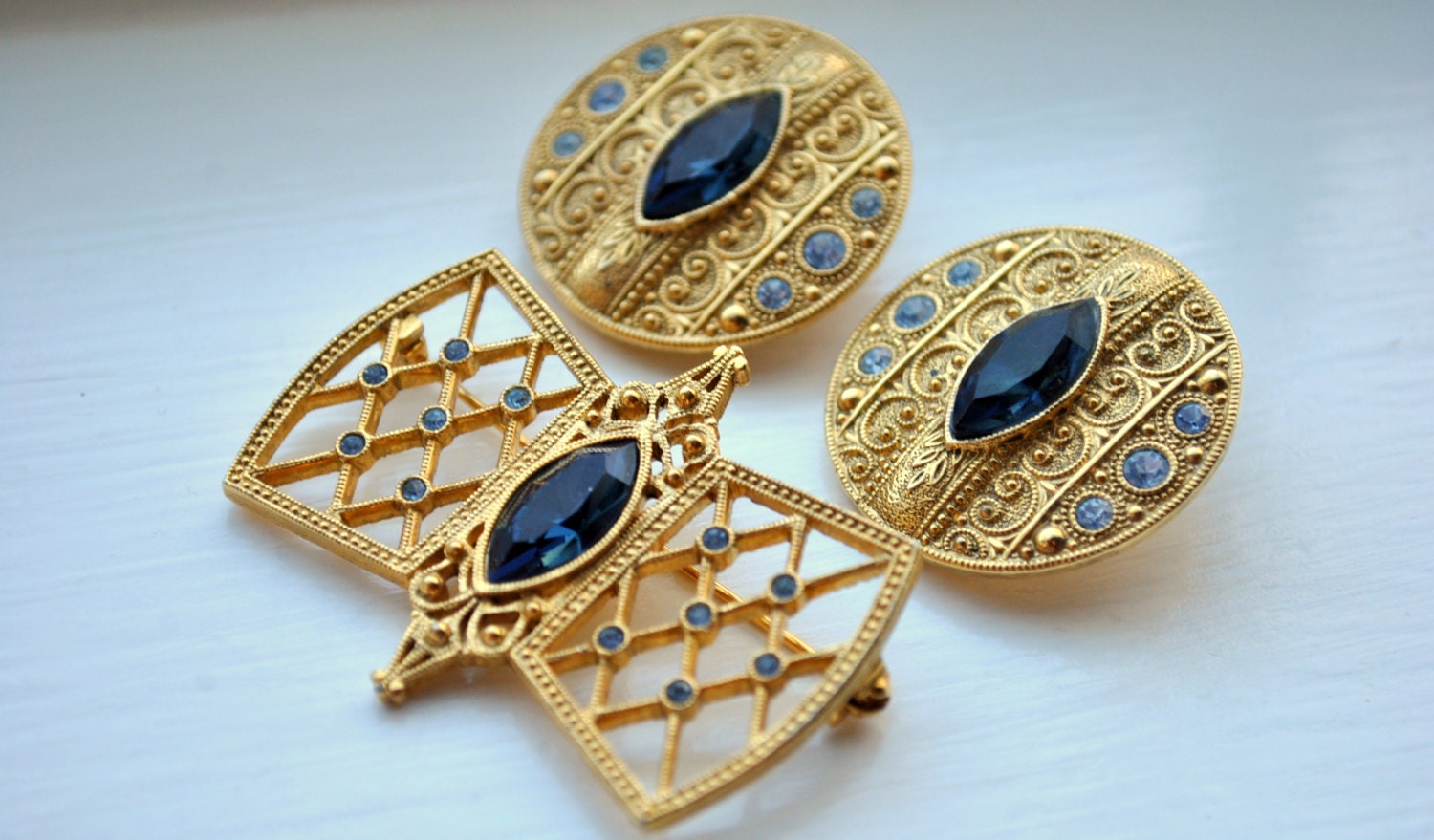 Gold Byzantine Style Set of Earrings and Brooch with Light and Dark Blue Rhinestones