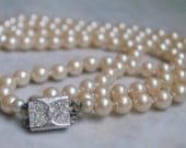 Gorgeous Vendome Double Strand of Pearls with Pave Rhinestone Clasp