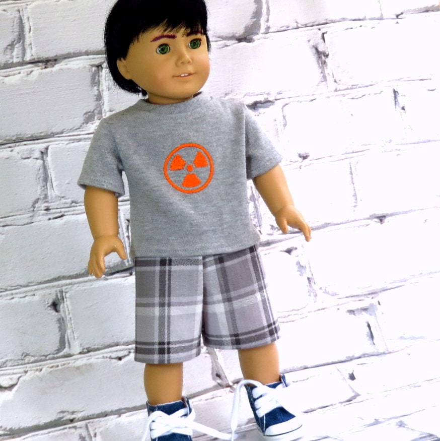18" Boy Doll 'Toxic' Tee Shirt and Plaid Board Shorts - American Girl Doll Clothes