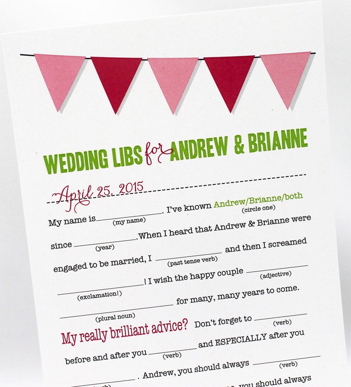 Wedding or Bridal Shower Mad Libs PDF FILE Print Yourself Colors are Customizable