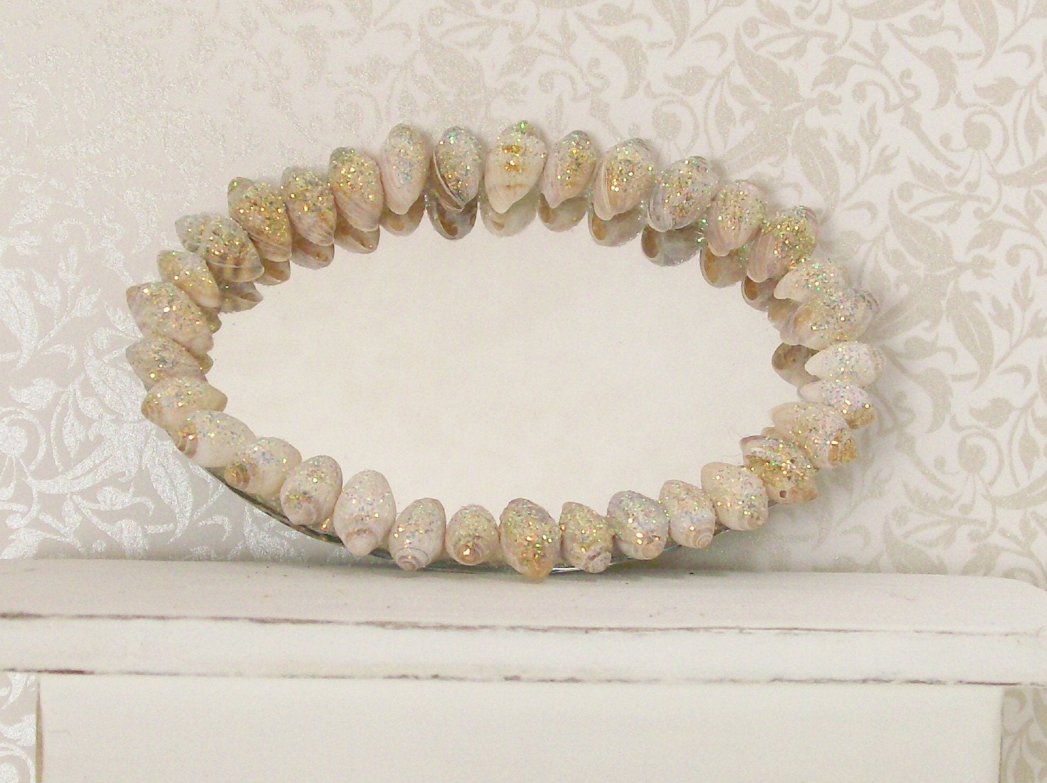 Dollhouse Miniature Shell Embellished Mirror Oval Beach Seashells Shore White One Inch Scale
