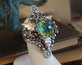 Haute Victorian Summer Ring, Large Gorgeous Many Faceted Jewel Set Upon and In Lovely Silver Filigree, Hand Made, Metal Bonded, OOAK