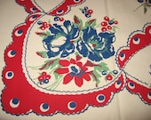 Vintage 30s 40s Hand Printed Red White and Blue Tablecloth