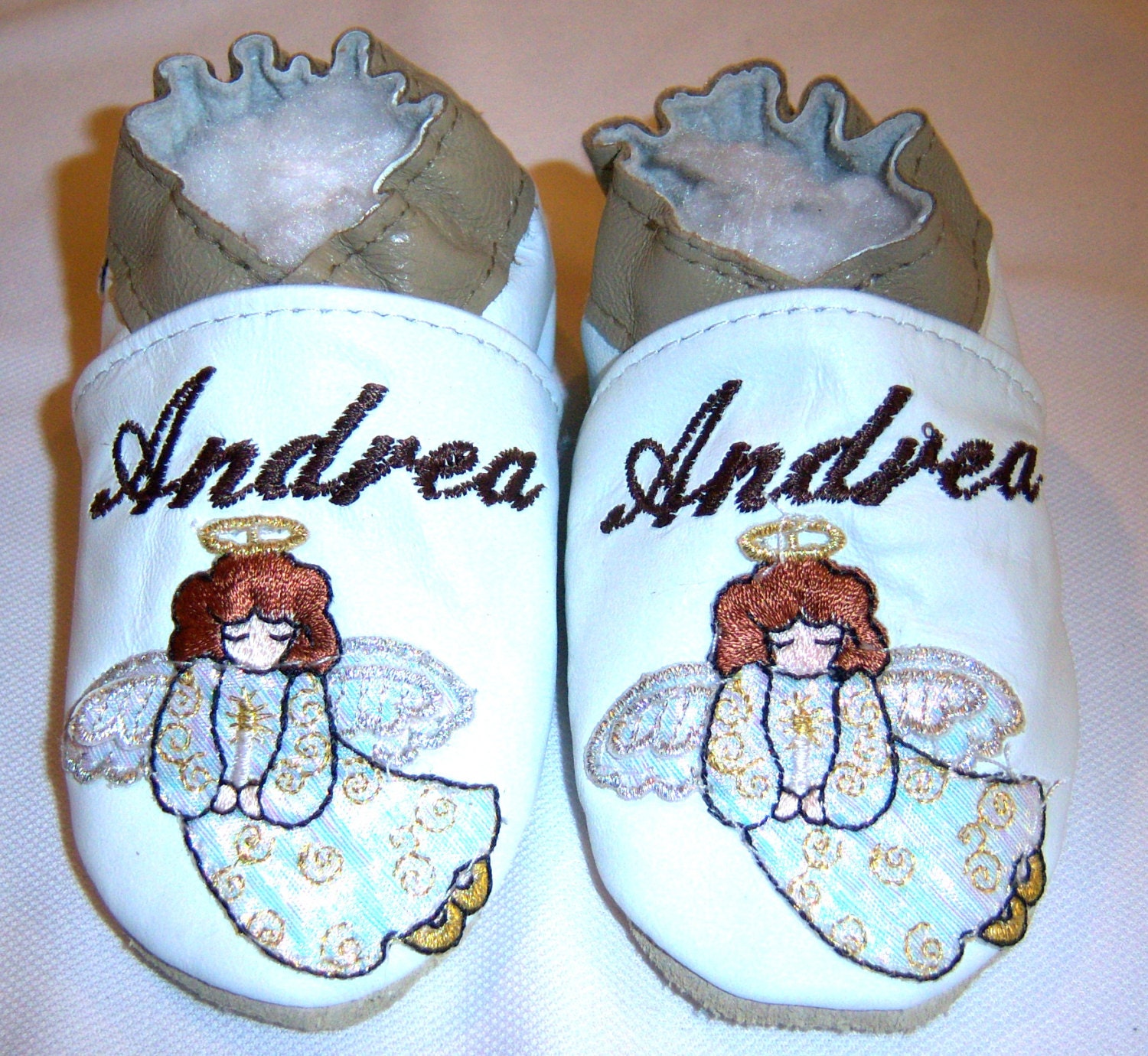 personalised white leather baby shoes with angel motif baptism christening bautizo