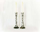 Vintage 70s Candle Holders Medieval Metal Wood Primitive Set 2