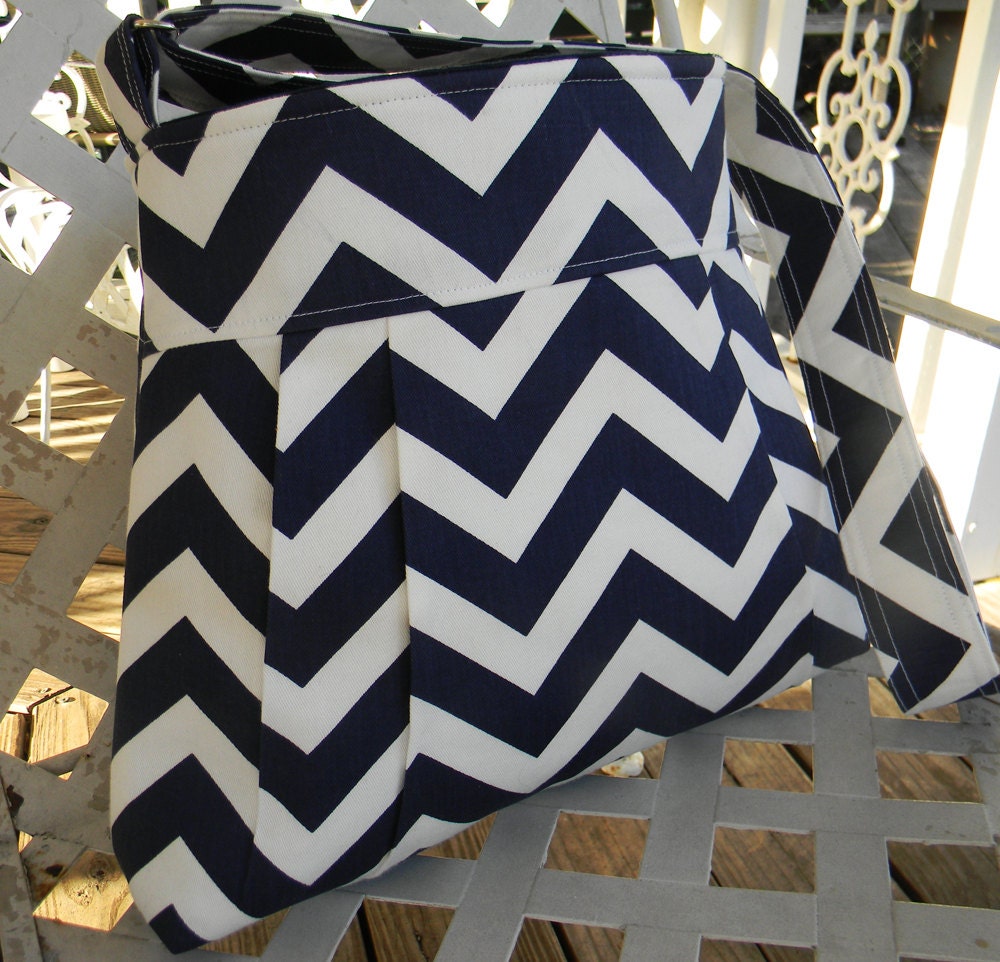 Navy Blue Chevron Pleated Handbag  with Adjustable Stra
