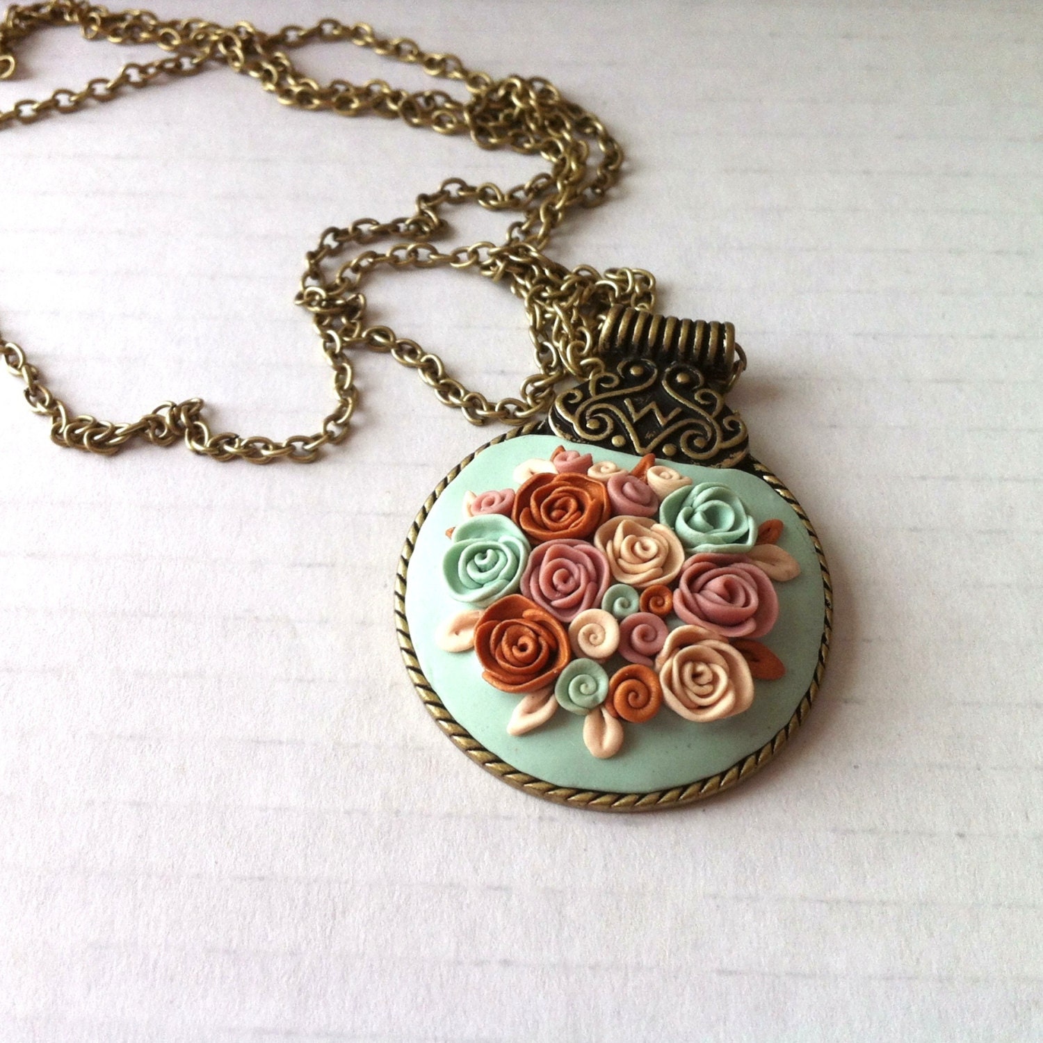 Pastel necklace mint - rose flower necklace - boho jewelry
