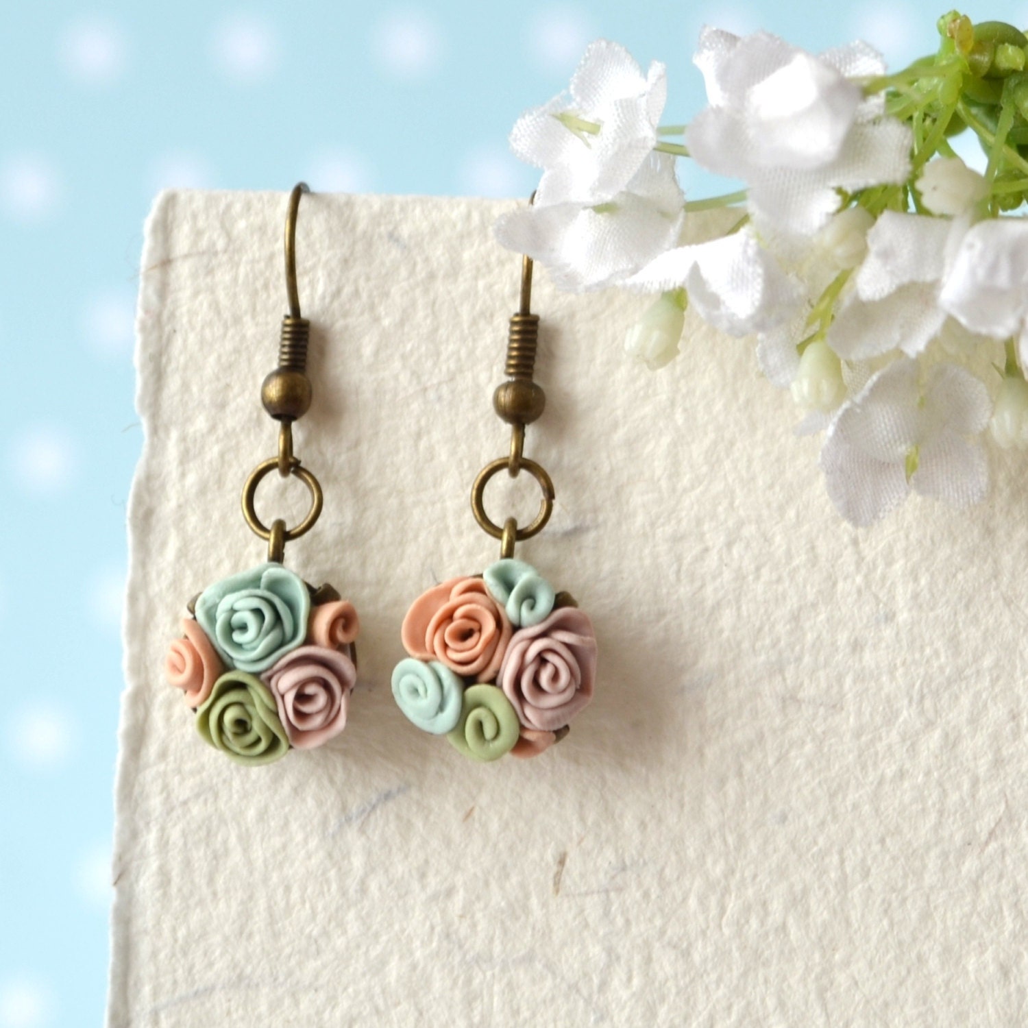 Flower earrings pastel - small earrings dangle - antique brass earrings floral - spring jewelry