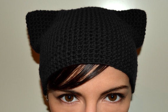 Kitty hat, cat hat, cat ears, warm wool crochet knit hat, skullcap, beanie - Made to order