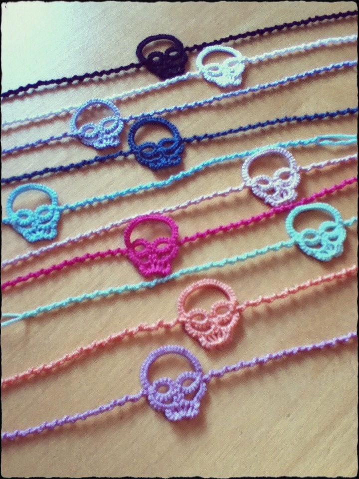 Lacy skull bracelet, cotton lace and sterling silver beads - made to order