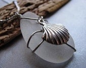 Sea Glass Necklace - Scallop Charm - Beach Glass Necklace - White Wire Wrapped Sea Glass