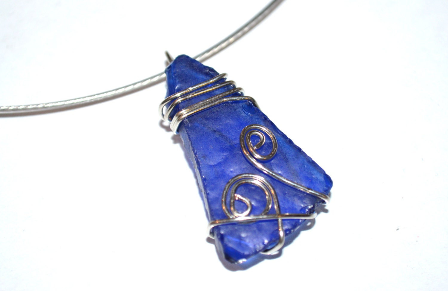 Beach Jewelry -Wire Wrapped tumbled glass Pendant-Cobalt blue colored tumbled glass-Summer Jewelry