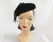 40's 50's Vintage Black Velour Beret Hat with Rhinestone Accents