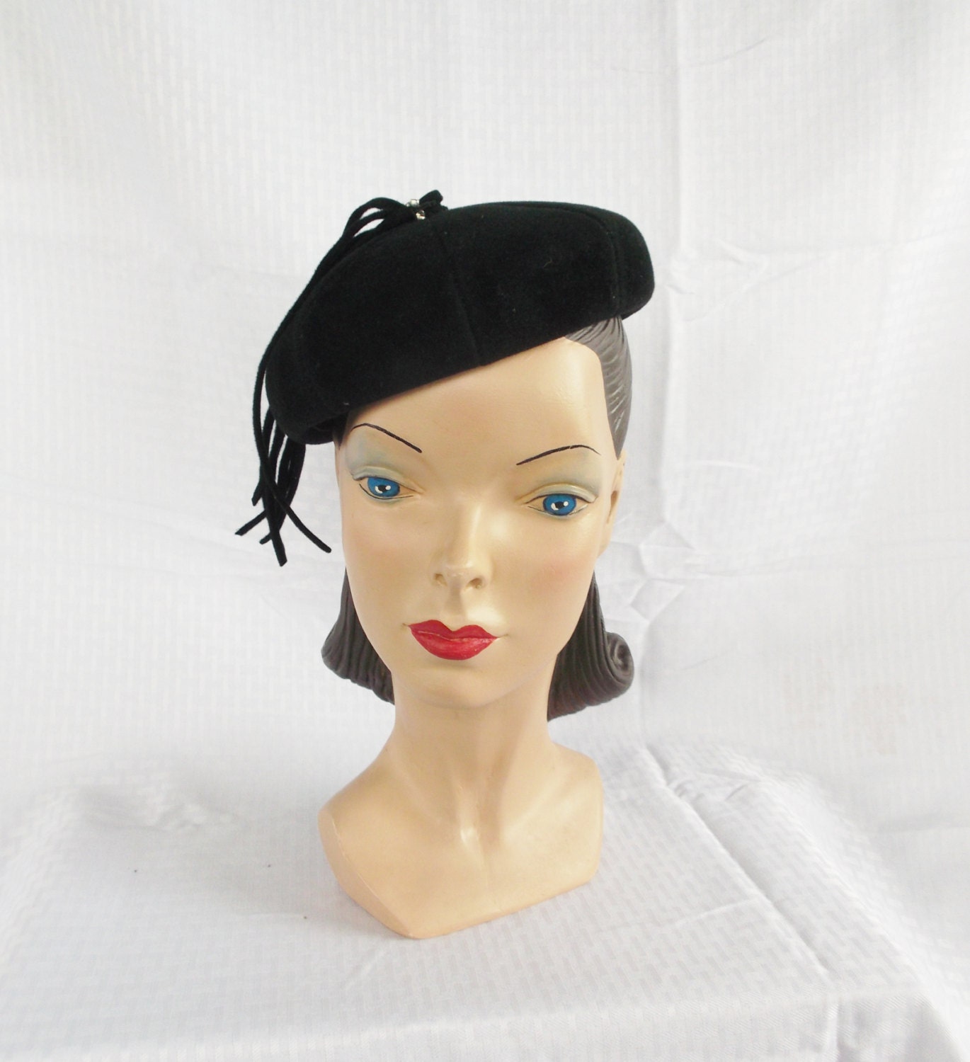 40's 50's Vintage Black Velour Beret Hat with Rhinestone Accents