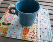 Handmade Quilted Mug Rug in Yellow Floral and Aqua with Dots