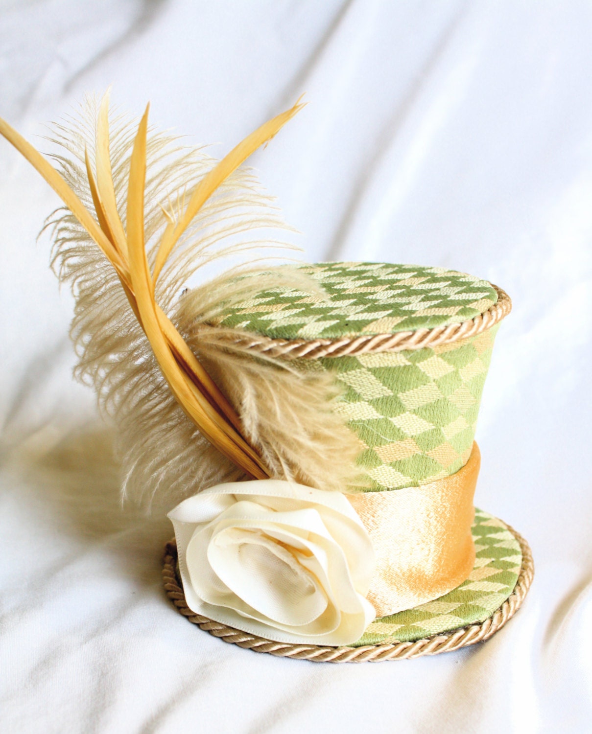 Laurel - Mini Top Hat Fascinator Clip in Spring Green, Yellow, and Cream Harlequin Pattern - Tea Party Accessory