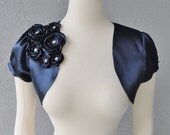 Navy Blue Satin Bolero Shrug With Flowers and Rhinestones All Sizes Available