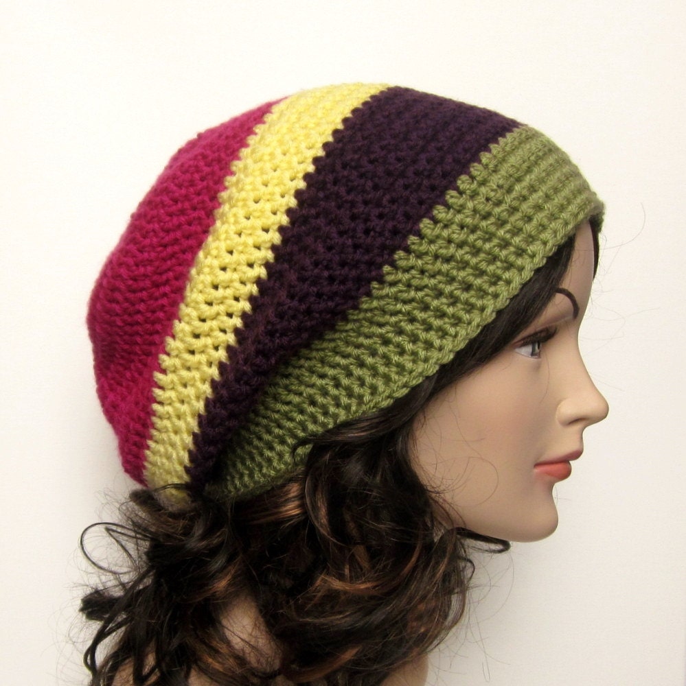 Womens Slouch Beanie - Oversized Crochet Hat - Multicolor Cap - Hipster Hat - Magenta Yellow Purple Green - Spring Fashion