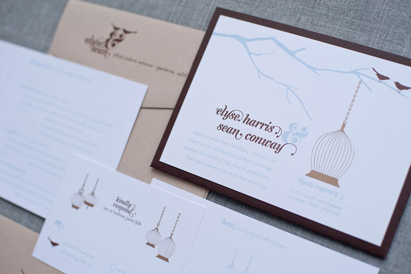Bird Cage Pocket Wedding Invitation Suite - Brown and Blue  - Elyse and Sean - Custom Colors