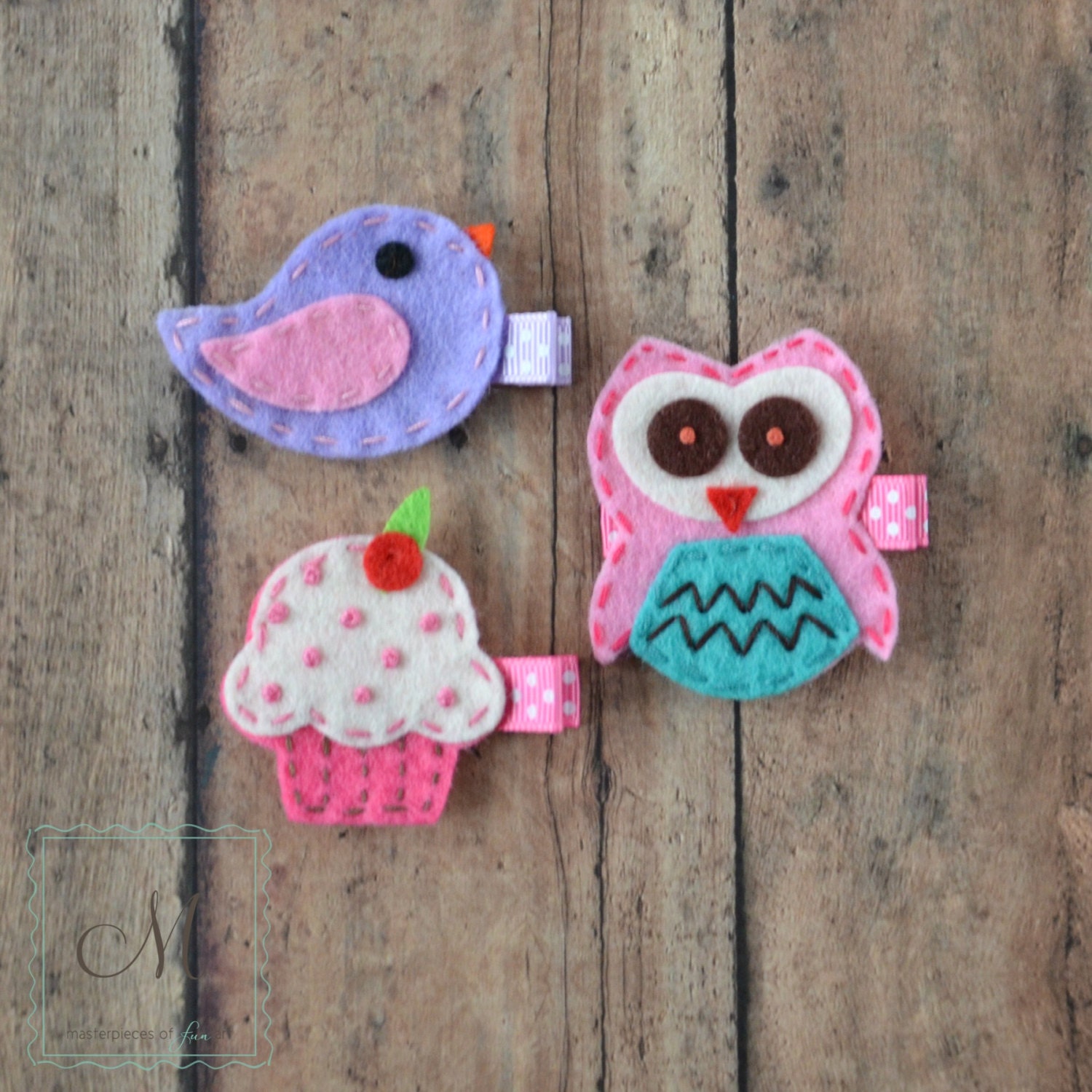 Felt Owl, Cupcake, Bird Hair Clip Sampler - Pink, Purple and Turquoise - Birthday present or baby shower gift - SPECIAL Price