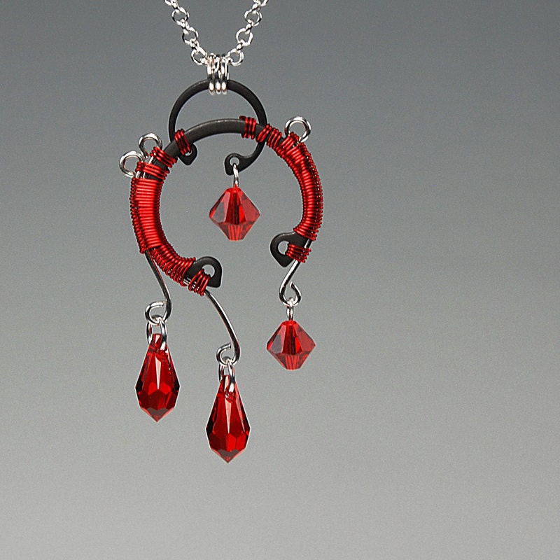 Umbriel v3: Bold industrial necklace with red wire and red Swarovski crystals