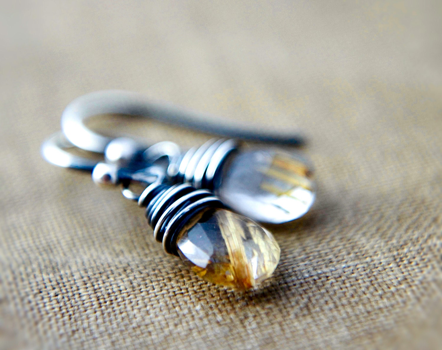 Gold Mining Earrings Rutilated Quartz Dangle PoleStar