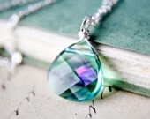 Crystal Aqua Necklace Swarovski Wire Wrapped Sea Foam Pendant Sterling Silver PoleStar Prism Pink