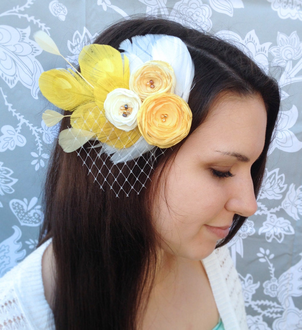 Yellow Feather and Flower Hair Clip - Made to order
