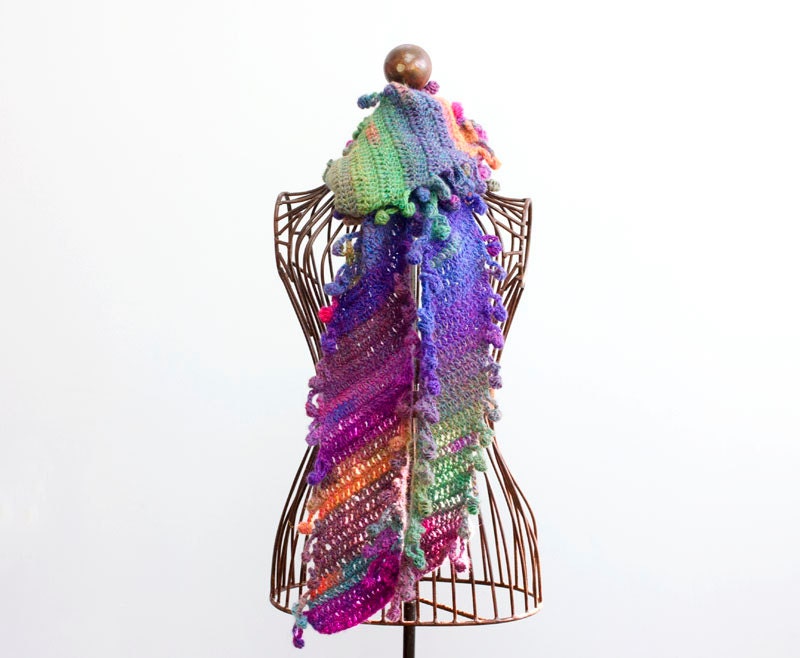 Hand Crocheted Scarf, Multicolor Bobble Scarf, Diagonal Scarf, Pink, Purple, Blue, Turquoise
