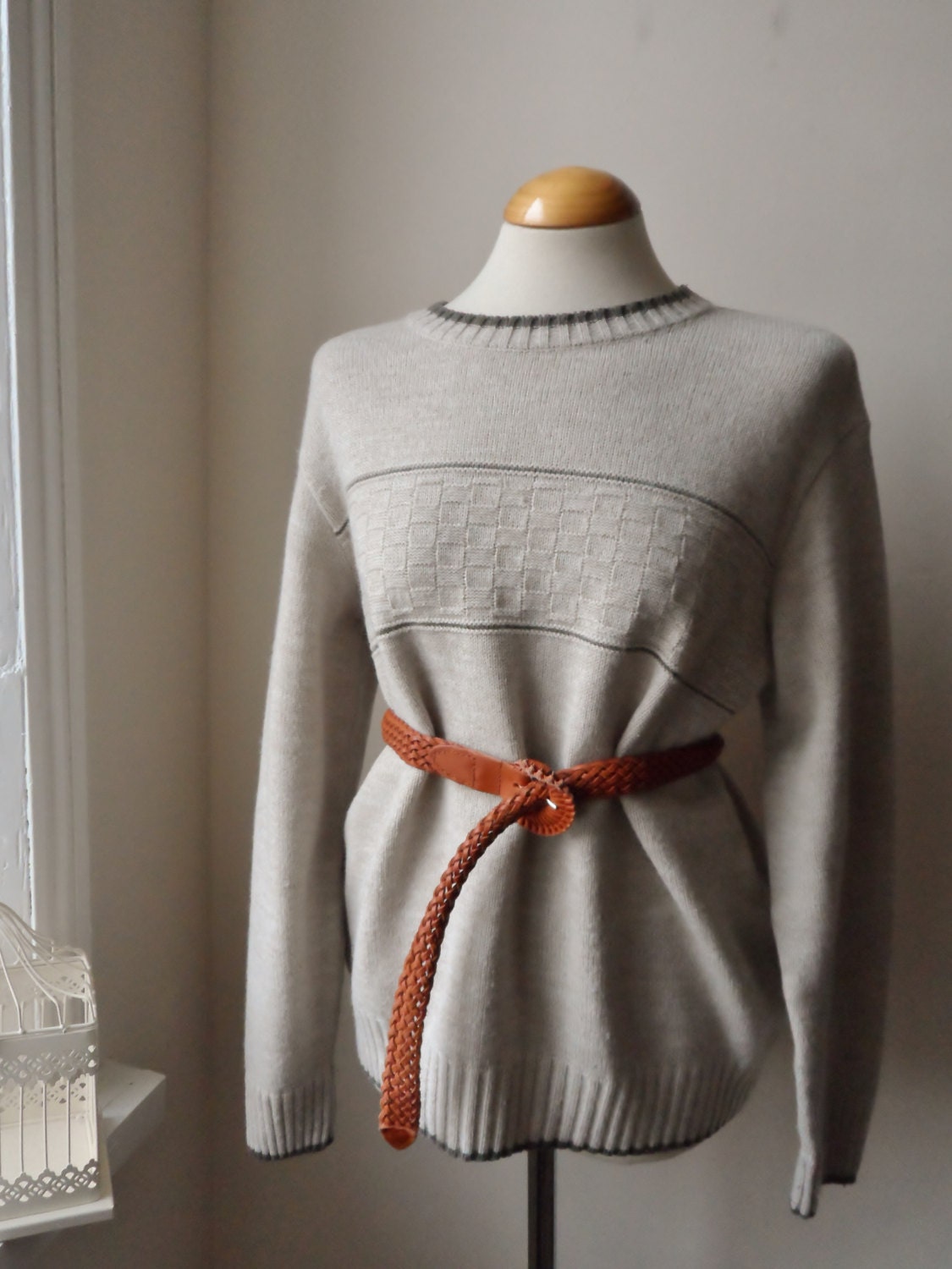 Vintage Sweater in Neutral Beige with Crotchet Detailing / Retro / Boho / Size L