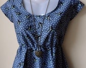 Tea Dress in Dark Blue with Kitsch Cute Birds / Handmade / Choose your size