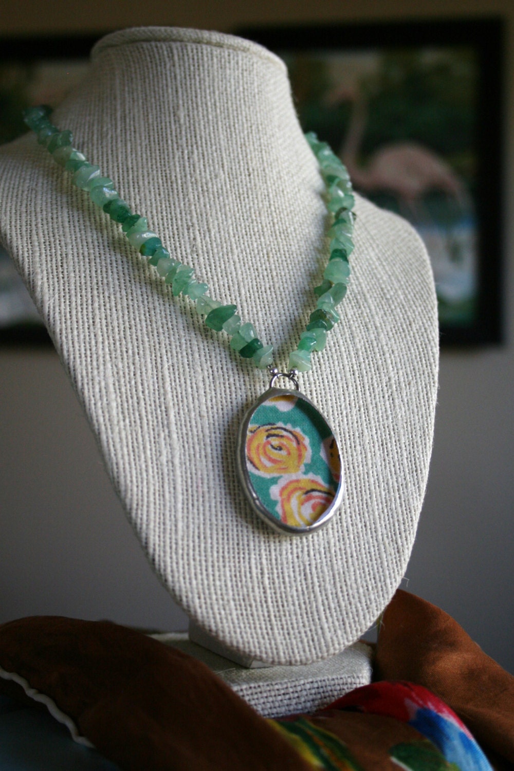 Vintage Fabric Soldered Pendant on Beaded Necklace
