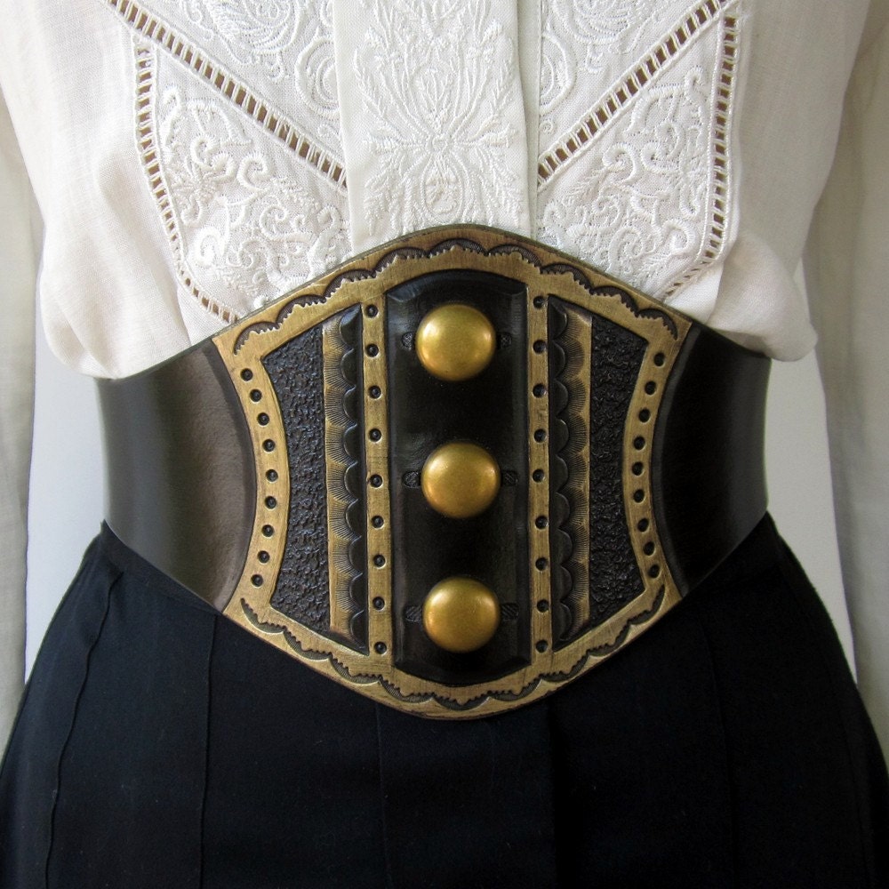Darling Brass Studded  Tooled Black Leather Wide Corset Laced Belt