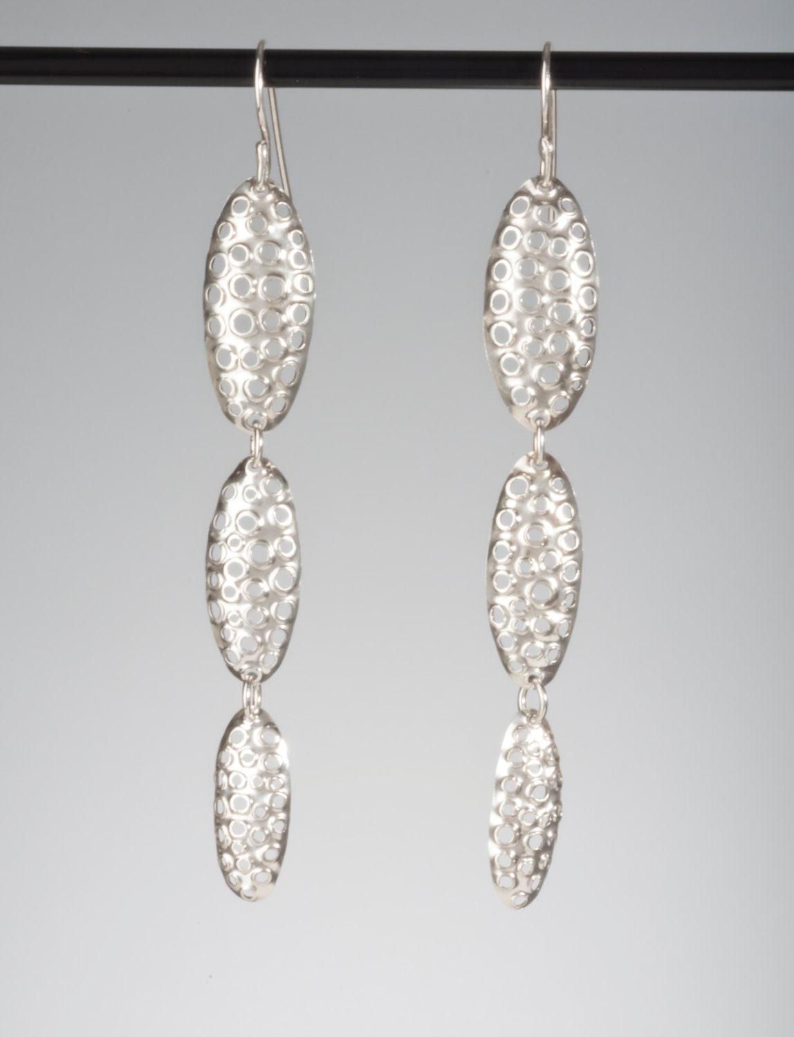 Hand Made, Solid Sterling Silver, Oval 3 Drop Punched Hole Earrings