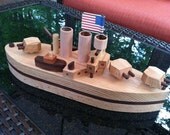 Battleship Boat Oak Walnut Mahogany with turning guns Beautifully hand finished with Beeswax