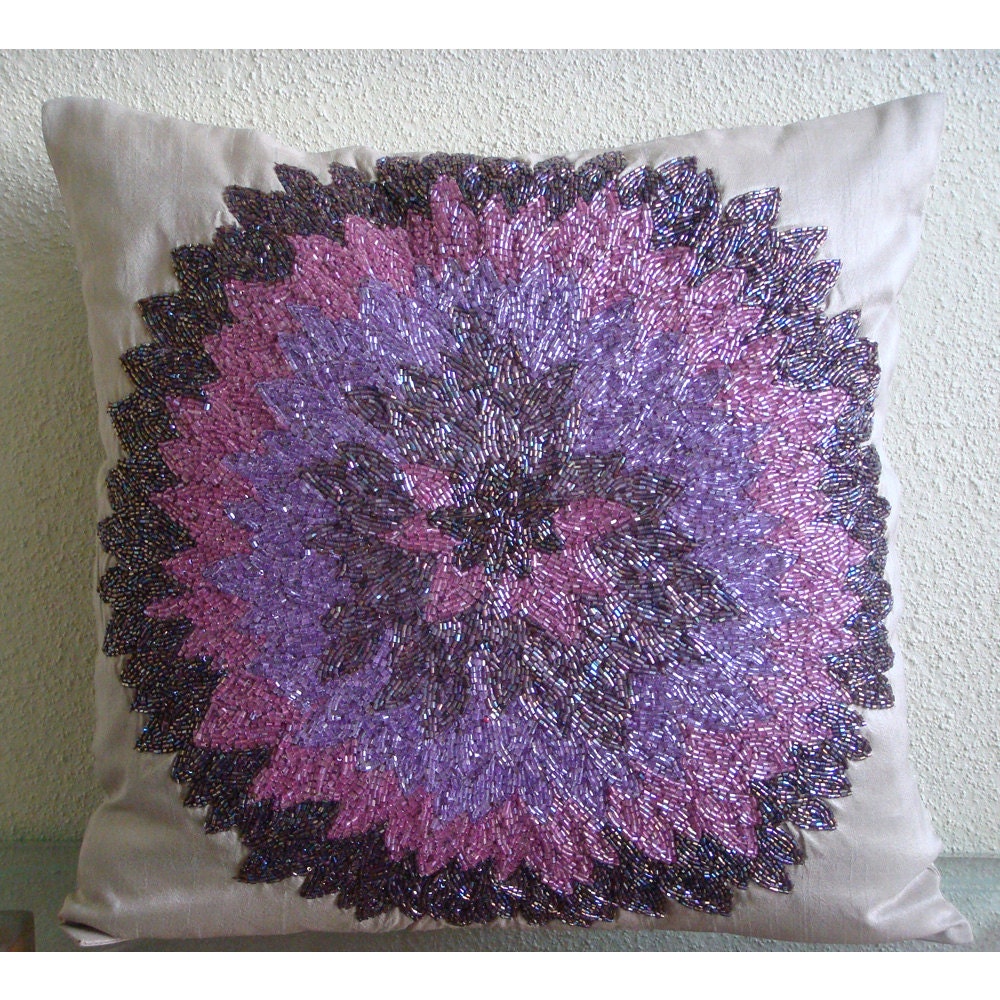 Floral Blast - Throw Pillow Covers - 16x16 Inches Silk Pillow Cover Embroidered with Different Color Beads