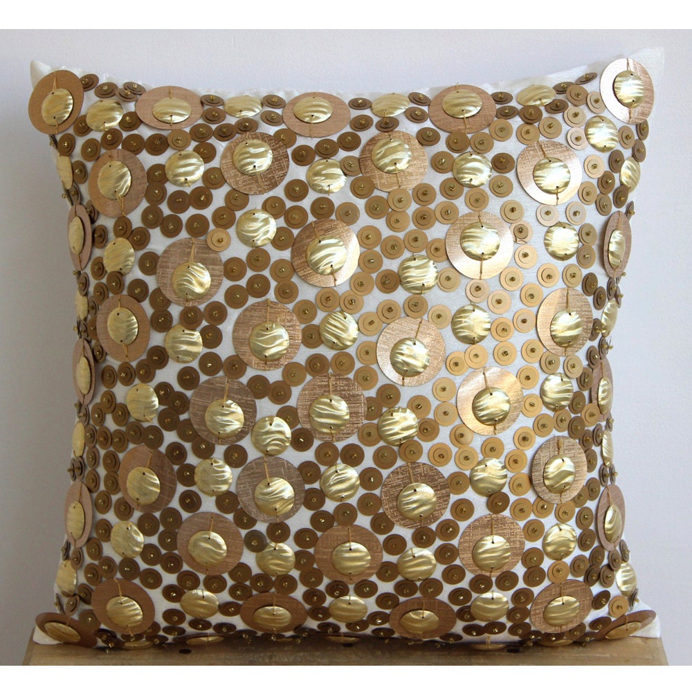 Decorative Throw Pillow Covers 16 Inch Ivory Silk Throw PIllow Dupioni Sequins Golden Disco Balls