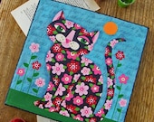 Spring Flowers Black CAT ORIGINAL 10 x 10 canvas Folk Art PAINTING by LuLu