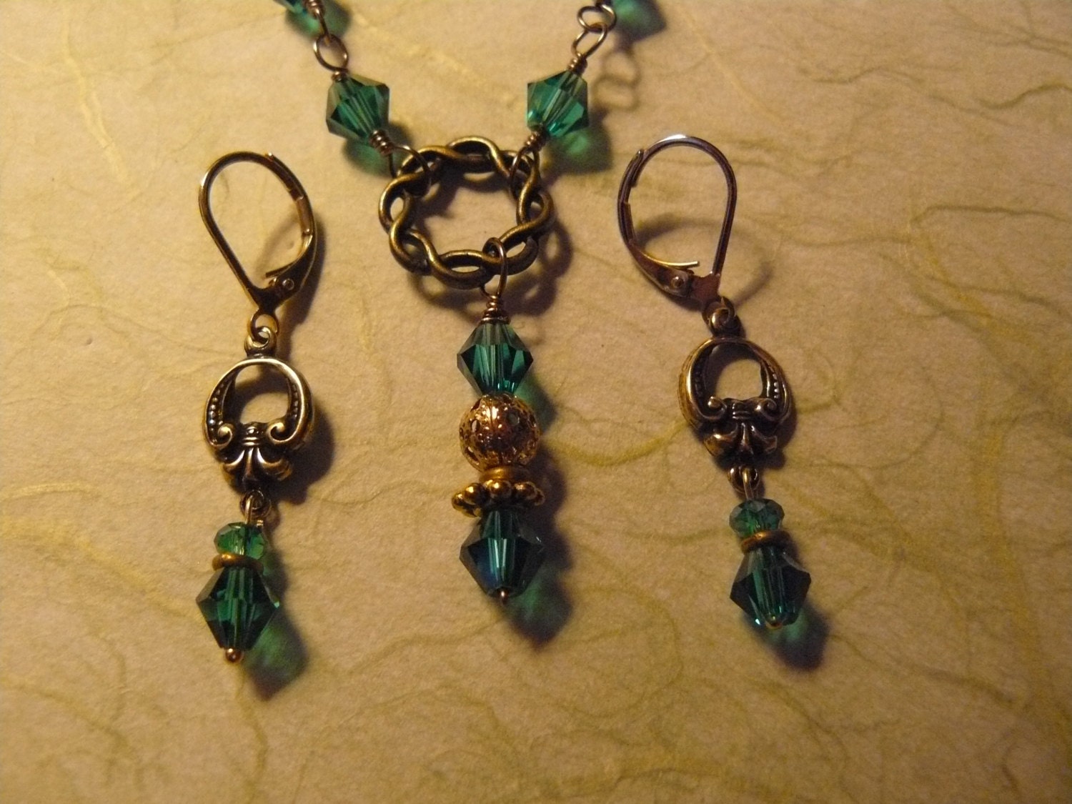 Teal Green Crystal Necklace & Earring Set, Delicate Choker, Simple Y Shaped Necklace, For Her, Birthday or Holiday Gift